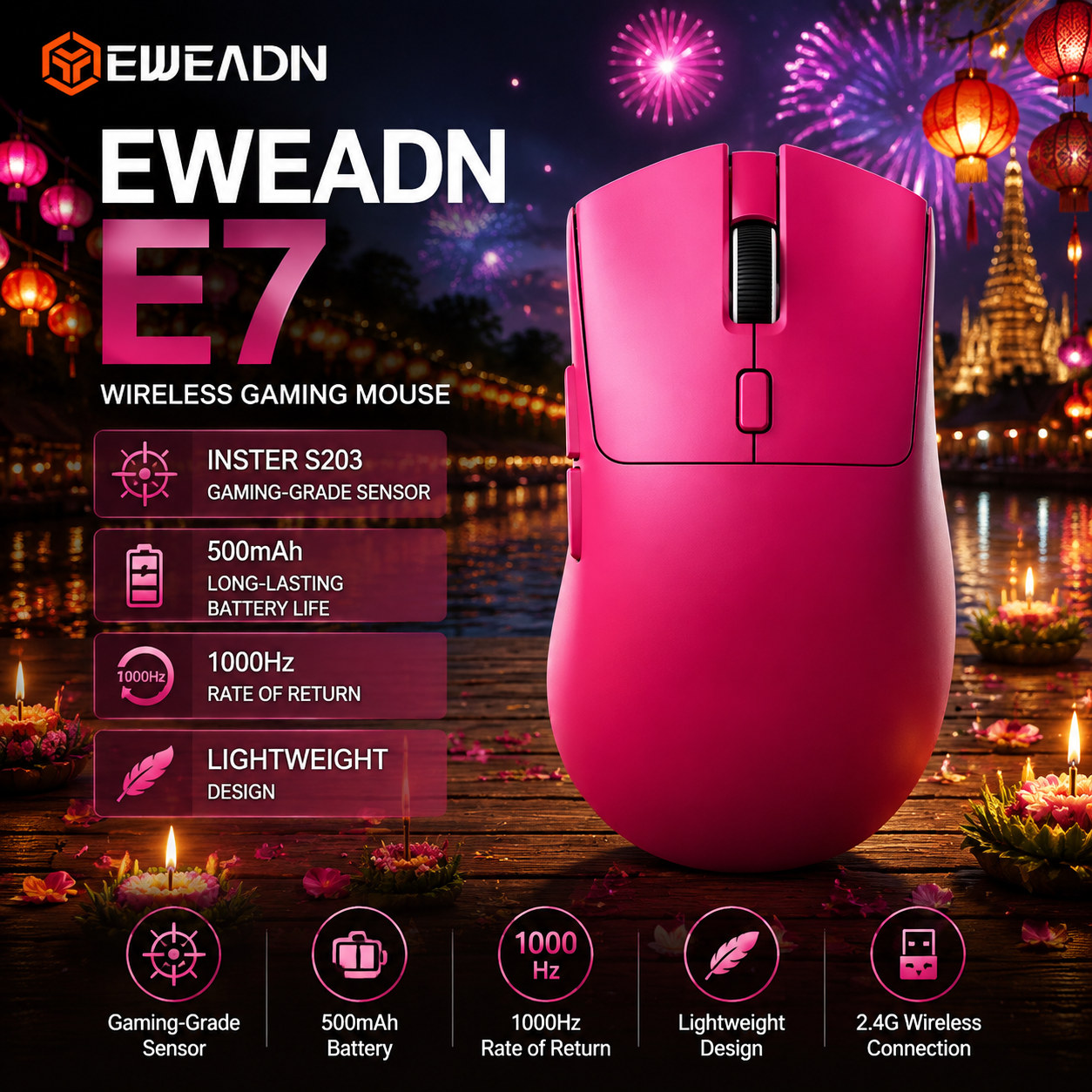 Chuột chơi game không dây EWEADN E7, ba chế độ, Bluetooth, có thể sạc lại, thiết kế công thái học, đ