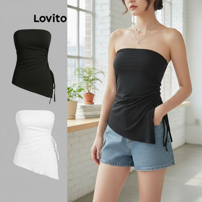 Lovito Phong cách thường ngày Áo Ba Lỗ Nữ Dây Rút Bất Đối Xứng Màu Đen L68ED053