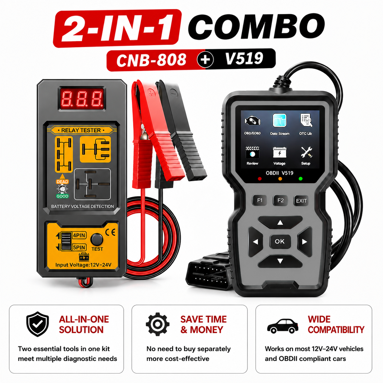 El50448 Tpms Reset & V519 Obd2 Scanner Combo Công cụ chẩn đoán ô tô Cảm biến áp suất lốp Học lại Đầu