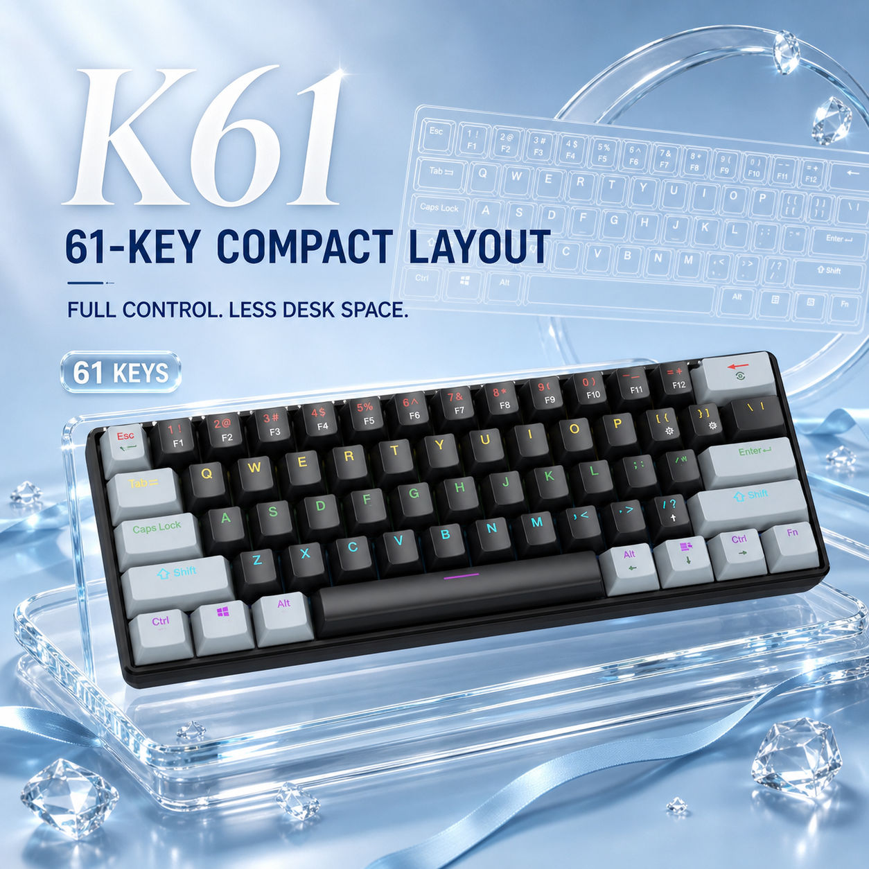 Bàn phím cơ APAYADO K61 mini 61 phím, có dây, di động 290x101x38mm, nặng 400g, dùng cho laptop, desk