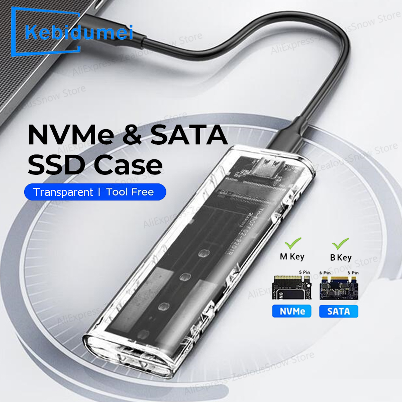 Vỏ ổ cứng SSD M2 PCIe NGFF SATA trong suốt USB Type C 5/10Gbps PCI-E M2 SSD Box