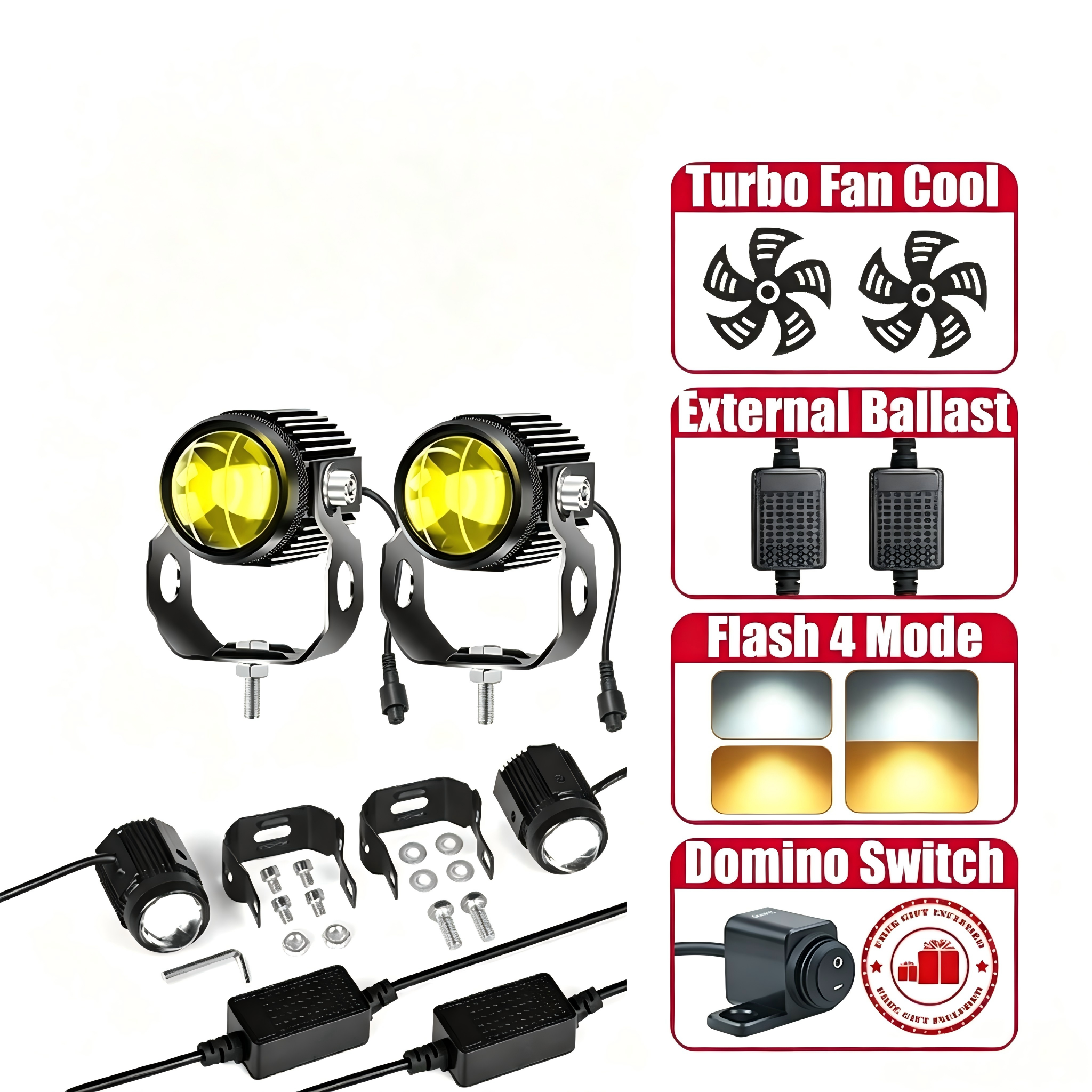 Đèn pha xe máy LED Domino Switch 60w V6 Đèn lái Mini 2 chế độ có quạt Turbo
