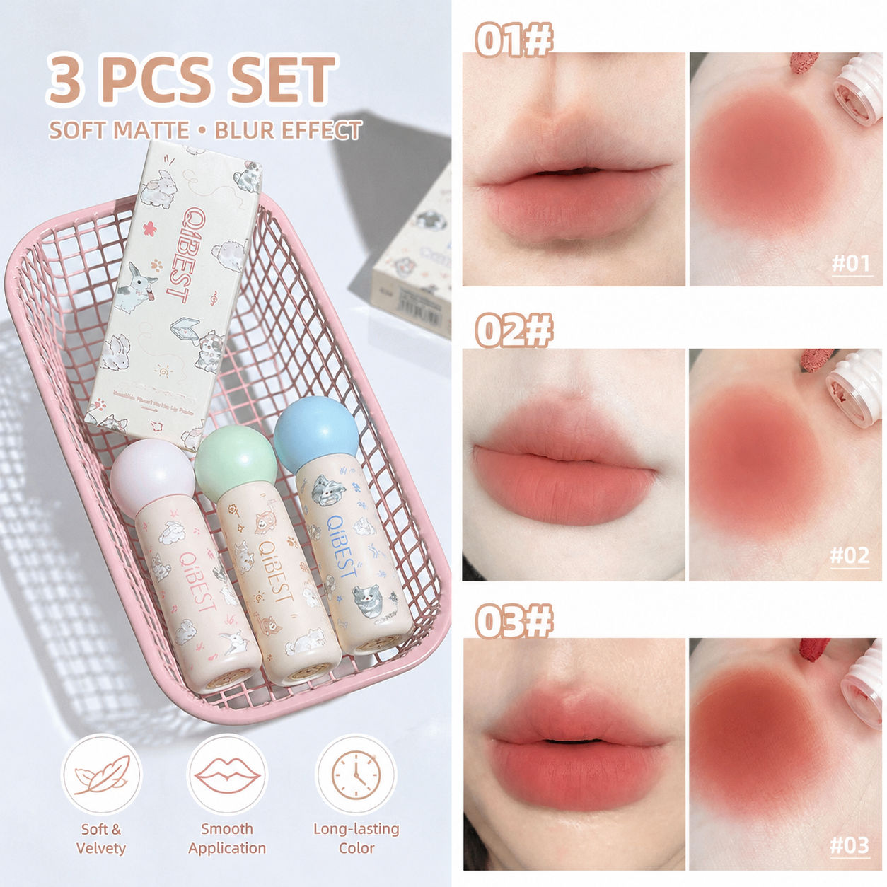 Bộ 3 thỏi son bùn lì QIBEST Pet Planet dễ thương, lên màu chuẩn, chống mồ hôi, không lem