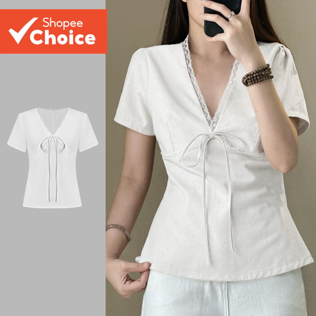 Áo Sơ Mi Thanh Lịch Mùa Hè Ruffle Cổ Ren Áo Nữ L120ED139