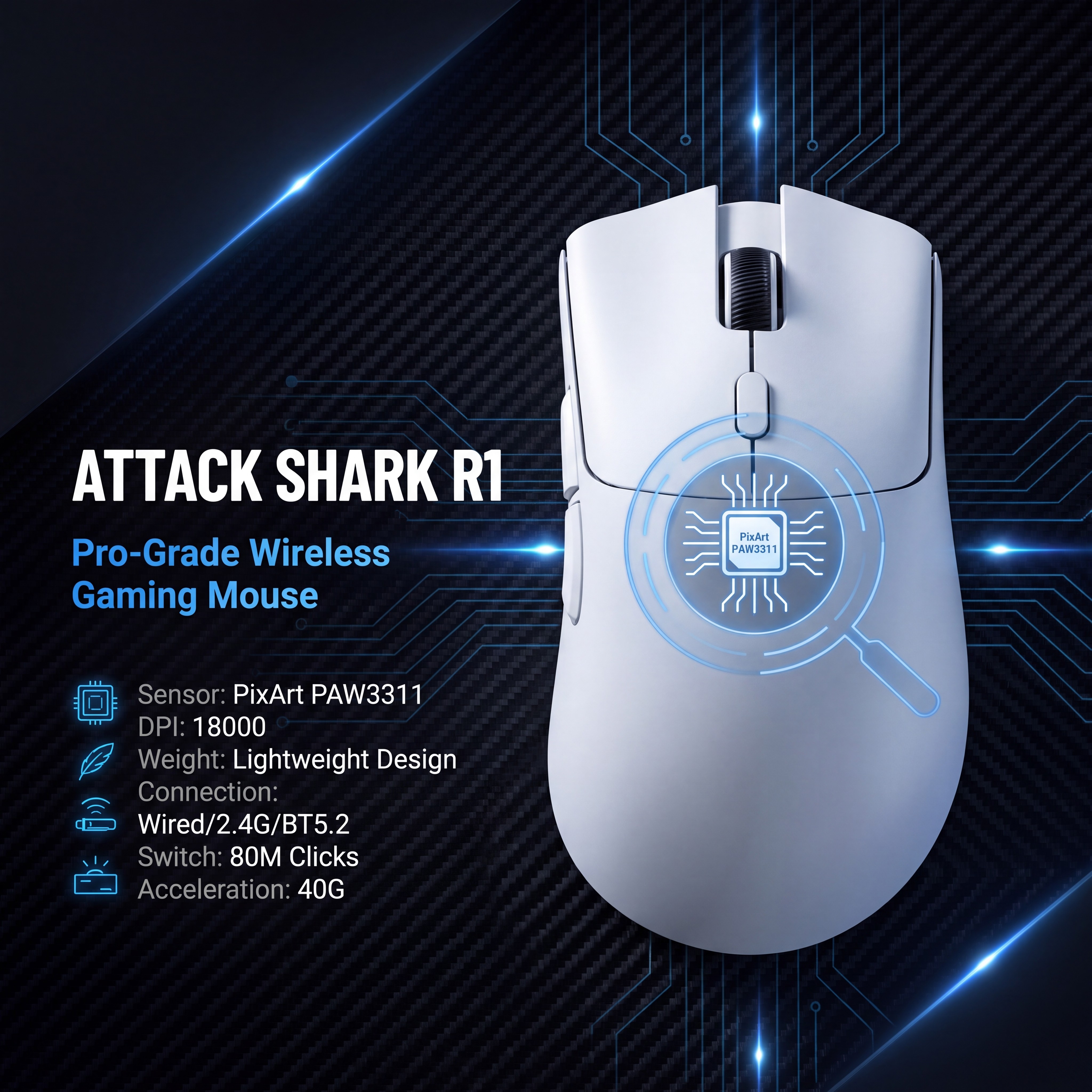 Chuột chơi game Attack Shark R1 PixArt 400IPS Tốc độ theo dõi cho máy tính xách tay.