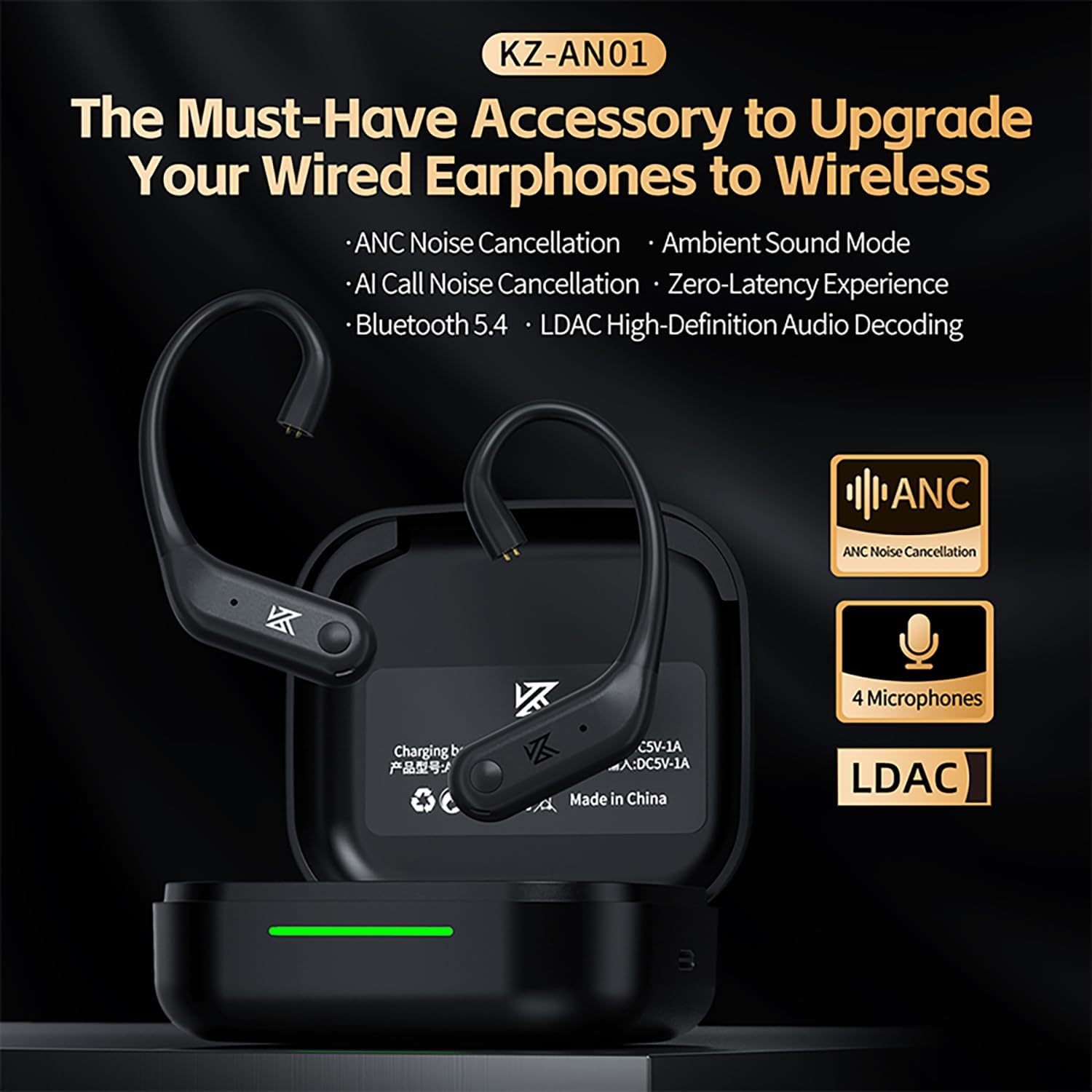 Tai nghe KZ AN01 Bluetooth không dây, dạng móc tai, hộp sạc TWS, chân kết nối C, tai nghe thể thao c