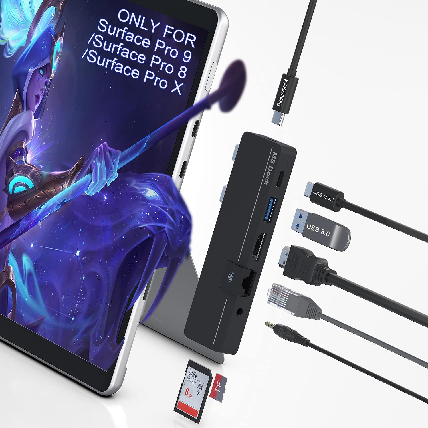 Trạm nối Surface Pro 9 Dock Hub 4K HDMI+USB-C Thunderbolt 100M Ethernet+Âm thanh+Đầu đọc thẻ SD/TF, 