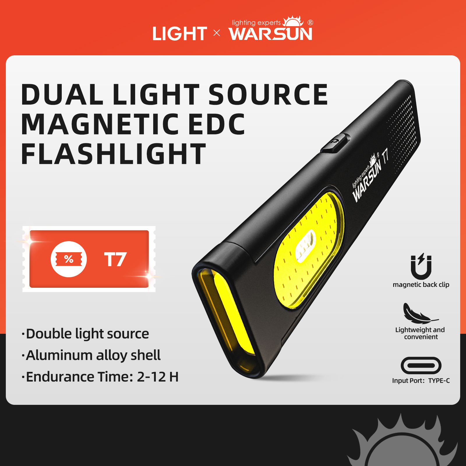Đèn pin mini LED WARSUN T7 PRO EDC, đèn làm việc COB, sạc lại được, dùng ngoài trời cắm trại