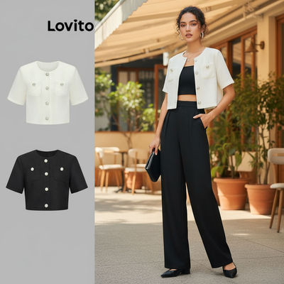 Lovito thanh lịch Áo khoác nút công sở có túi trần dành cho nữ L61AD005 (Trắng)