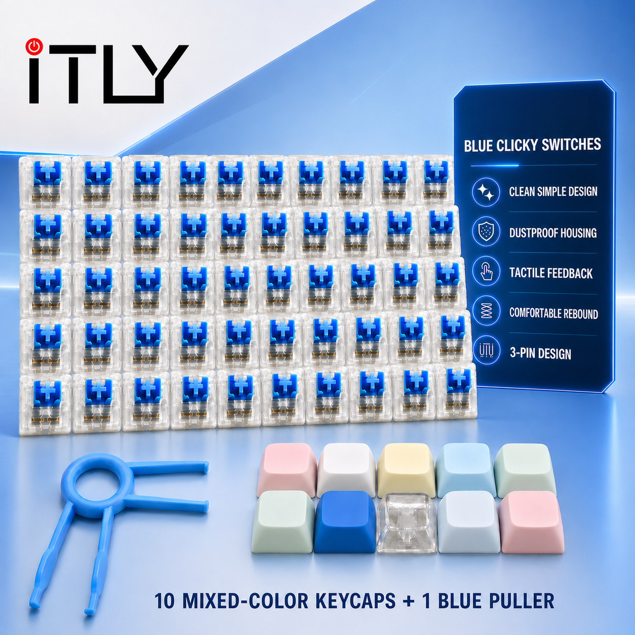 iTLY Công tắc bấm xanh chống bụi 3 chân đã tra dầu sẵn 50/72/100 cái, 10 cái keycap màu Macaron trộn