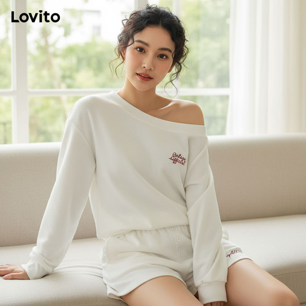 Lovito Set quần short nữ dáng bất đối xứng thêu họa tiết đơn sắc, phong cách casual L110AD068