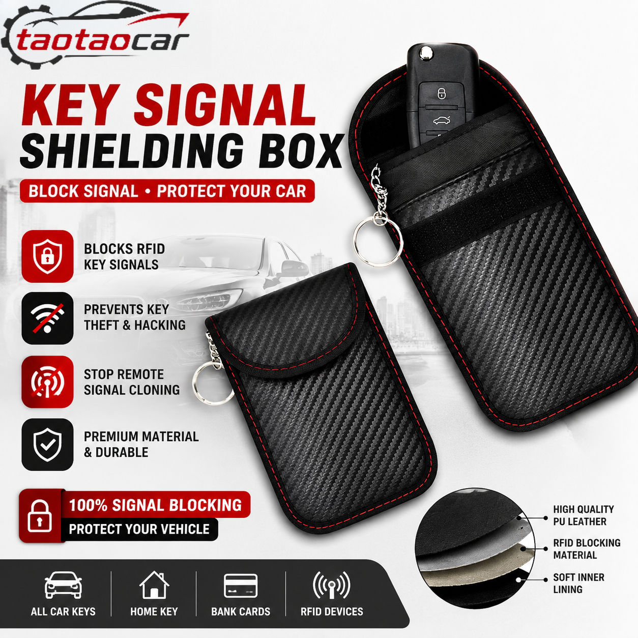 Taotaocar Faraday Chìa Khóa Fob Bảo Vệ Rfid Chặn Tín Hiệu Faraday Hộp Chìa Khóa Xe Phụ Kiện