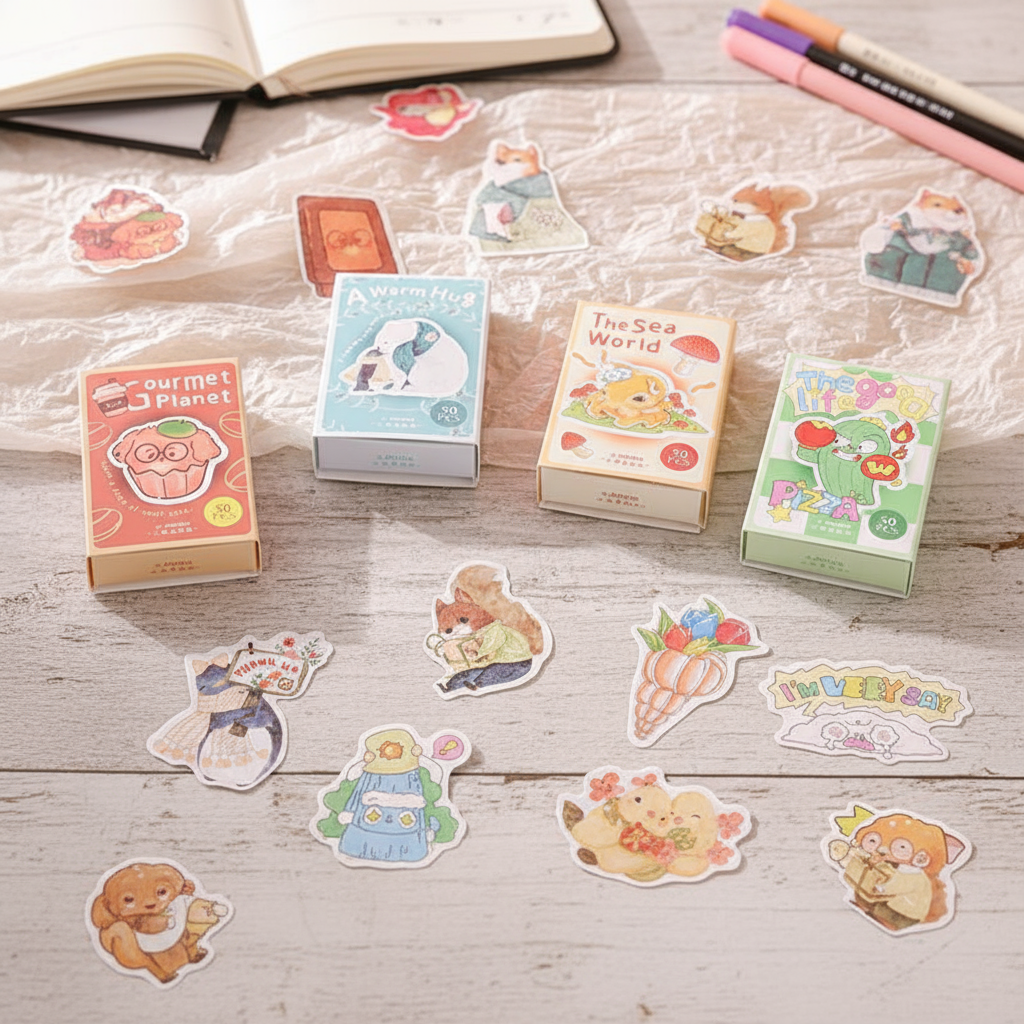 50 miếng dán hộp quẹt hình hoạt hình dễ thương - Bộ sưu tập sticker động vật nhỏ cho trang trí và lê