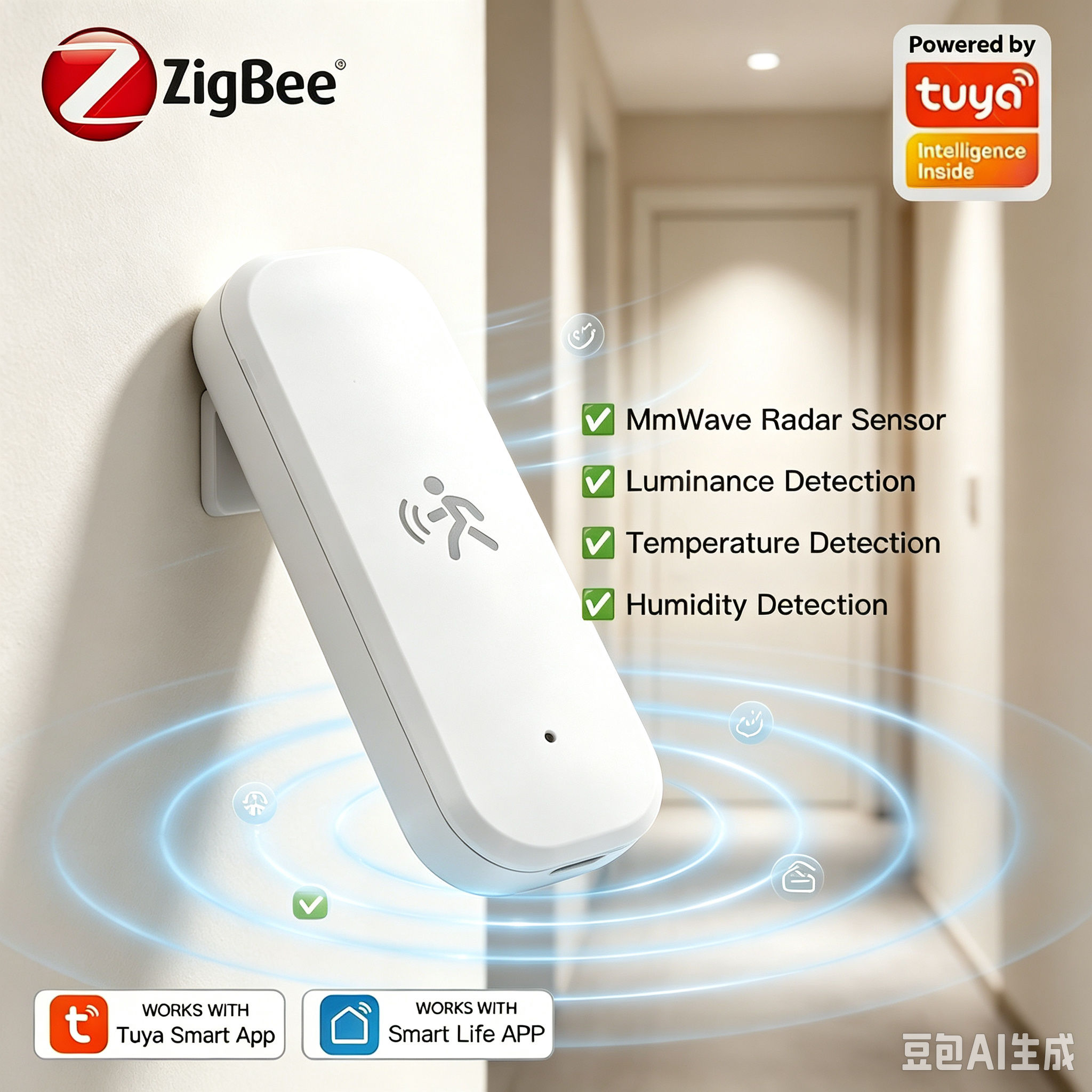 Cảm biến chuyển động radar mmWave Zigbee 10G, phát hiện người, hỗ trợ độ sáng, nhiệt độ, độ ẩm, Tuya