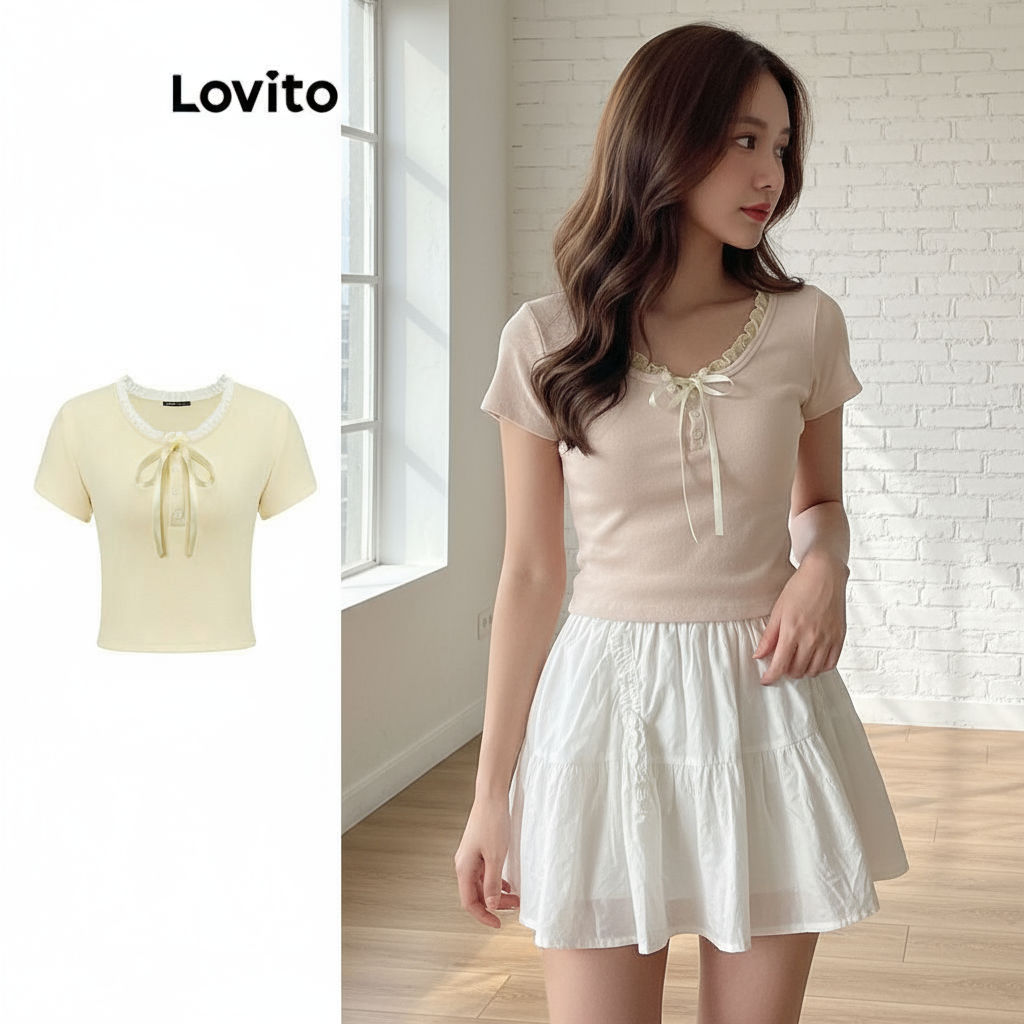 Lovito Áo phông nữ rút dây trơn màu hồng LNA273225