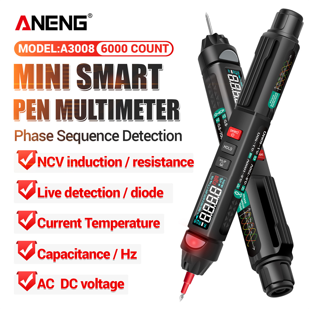 Bút thử điện đa năng thông minh ANENG A3008 6000 số, đo điện áp không tiếp xúc, đầu bút có thể tháo 