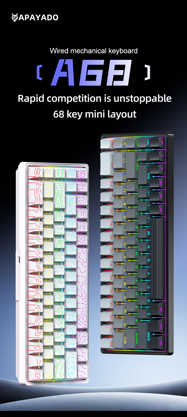 Bàn phím cơ APAYADO A68, Keycap có thể thay nóng toàn bộ, thiết kế đường viền topo, có dây, phù hợp 
