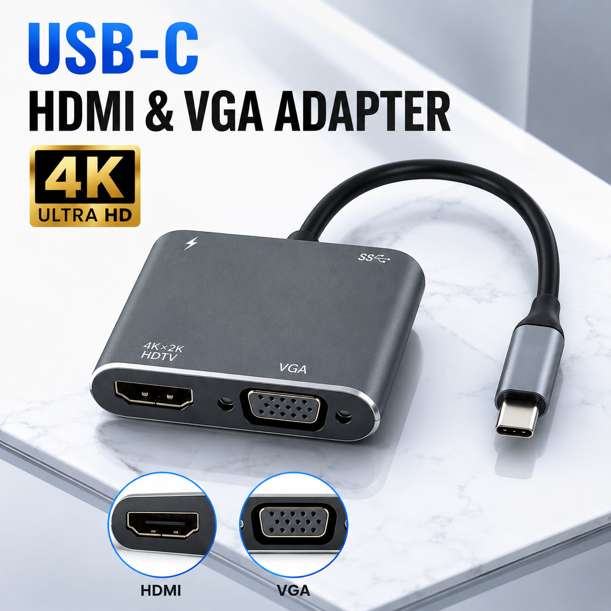 Bộ chuyển đổi Type C 4-in-1 sang HDMI, VGA, USB, sạc PD 87W với cổng TYPE-C