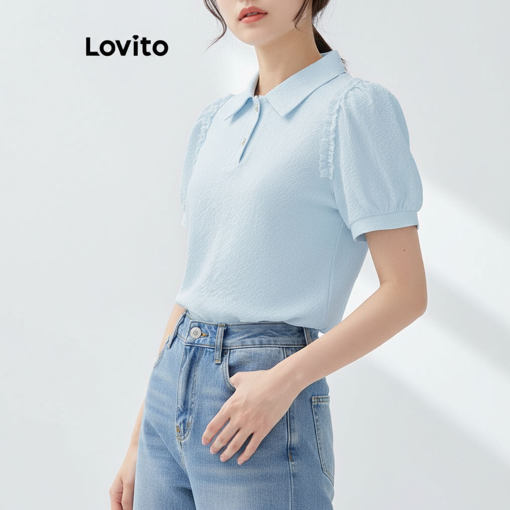 Lovito Áo sơ mi nữ đơn giản viền lá trang trí nút trơn L68ED018 (Nhiều màu)4