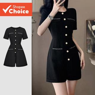Áo liền quần thông thường dành cho nữ Nút tương phản Băng bỏ túi Bộ áo liền quần màu đen mùa xuân hè L135ED522