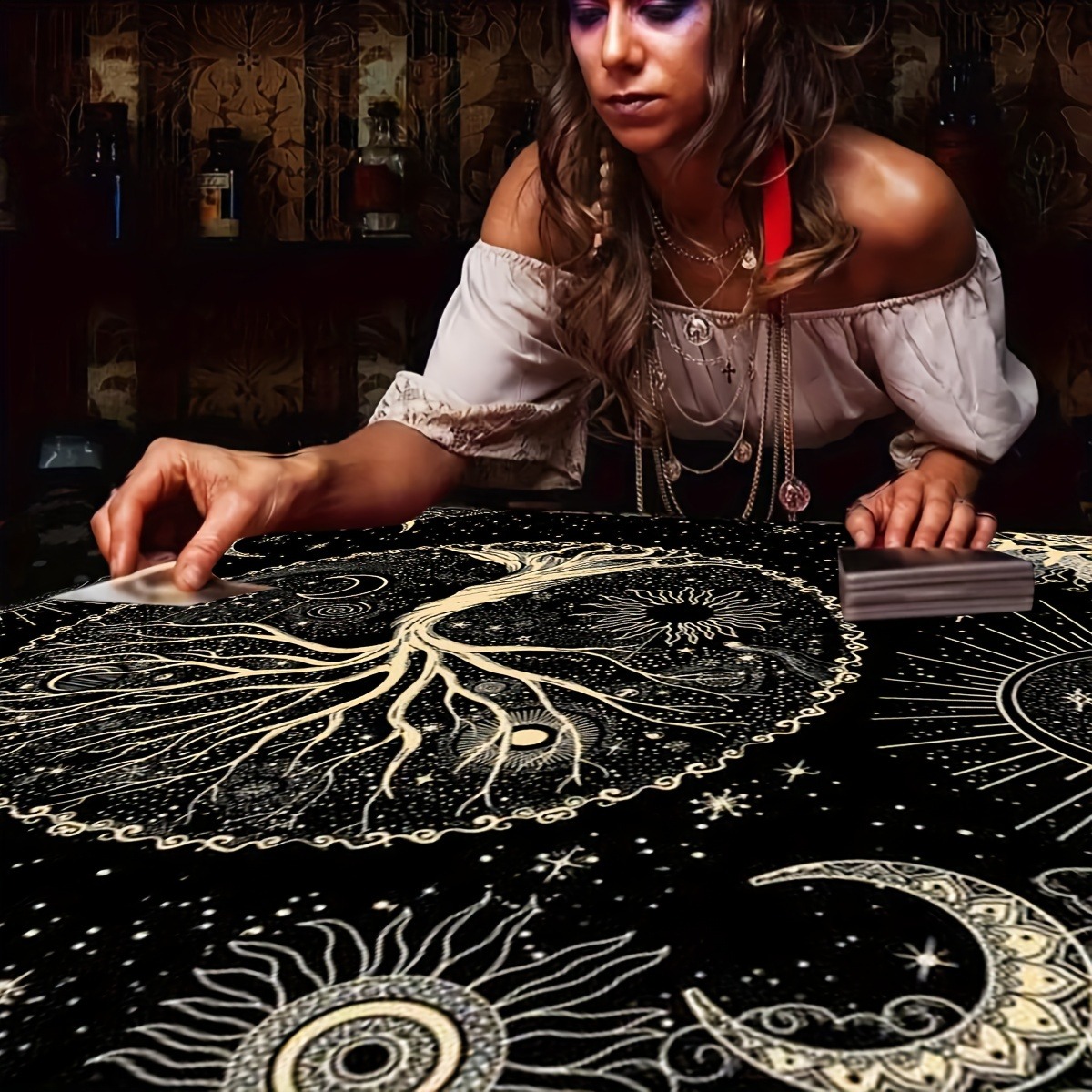Khăn Trải Bàn Tarot Thần Bí 1 Cái cho Dịp Lễ Hội: Khám Phá Phép Thuật với Biểu Tượng Thiên Thể và Họ