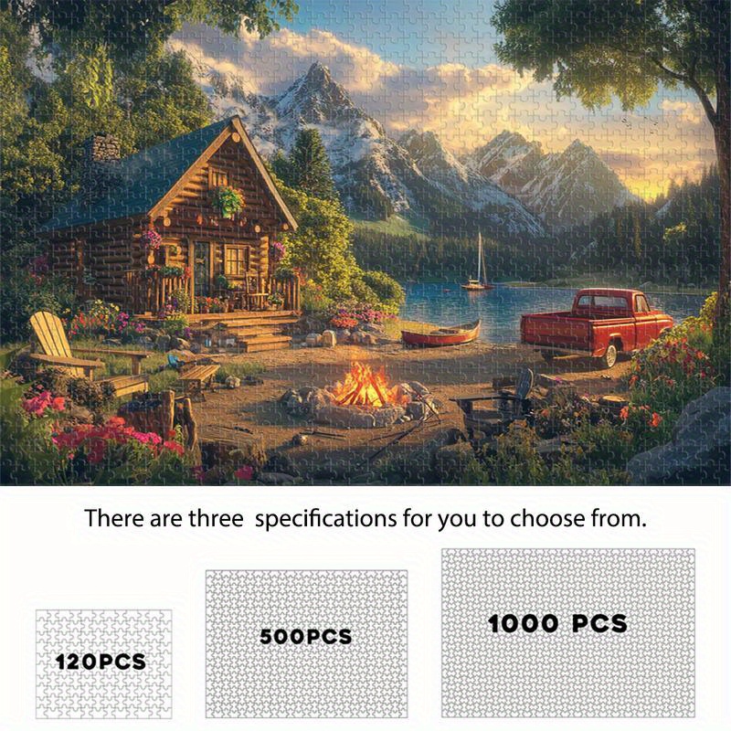 Mountain Retreat: Cabin Campfire, Lakeside Pickup & Sailboat, 120 / 500 / 1000 chiếc Puzzle