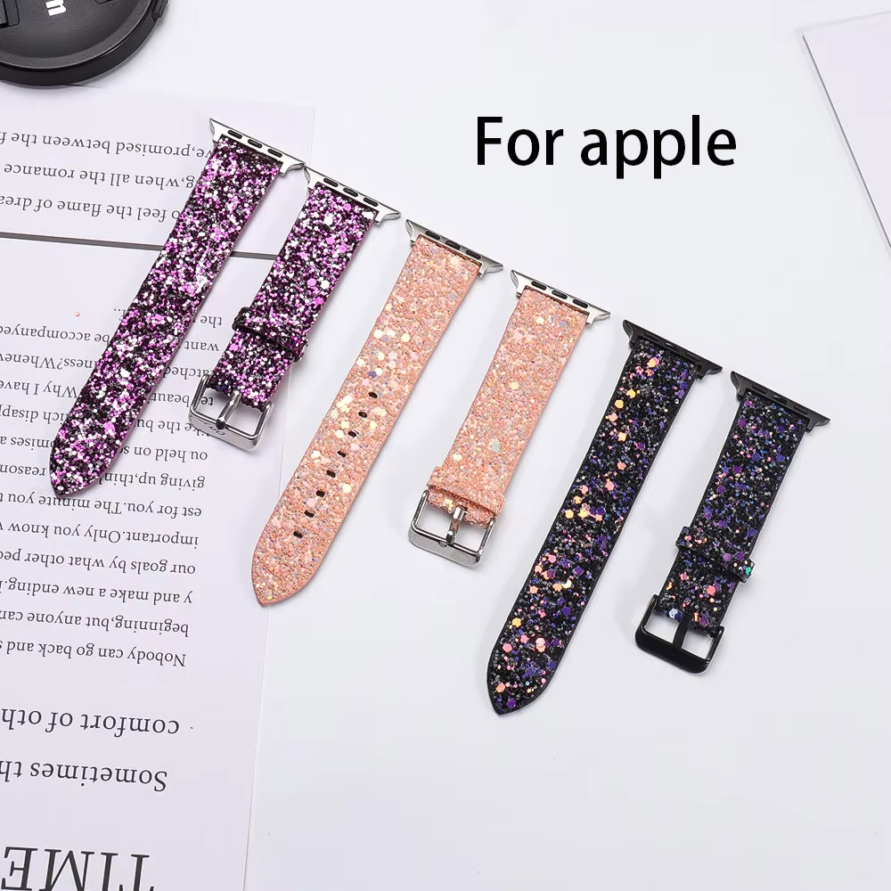 Dây đeo lấp lánh cho Apple Watch 38-49mm, chất liệu da, phù hợp Series 3-8, SE, Ultra 2
