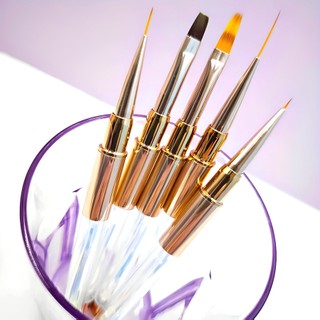  Bộ 5 cọ vẽ móng tay với giá đỡ acrylic, chất liệu kim loại, tích hợp sợi vàng, thiết kế chuyên nghiệp, phù hợp cho người mới bắt đầu, đầu cọ tròn kiểu Nhật có nắp đậy, kéo dài
