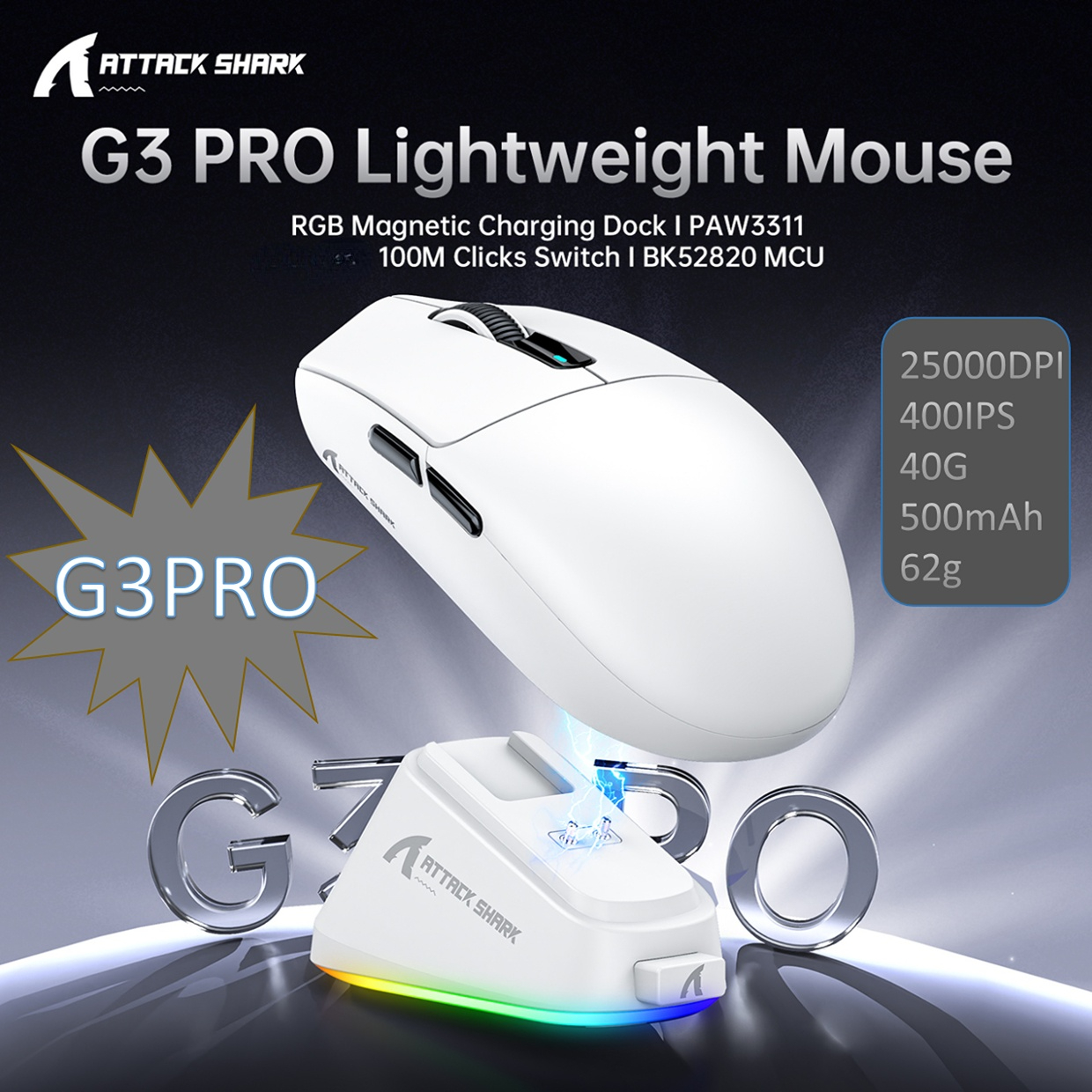 Chuột gaming Attack Shark G3 Pro 3 chế độ, 62g, cảm biến PAW3311, dock sạc nam châm, 25000DPI, RGB