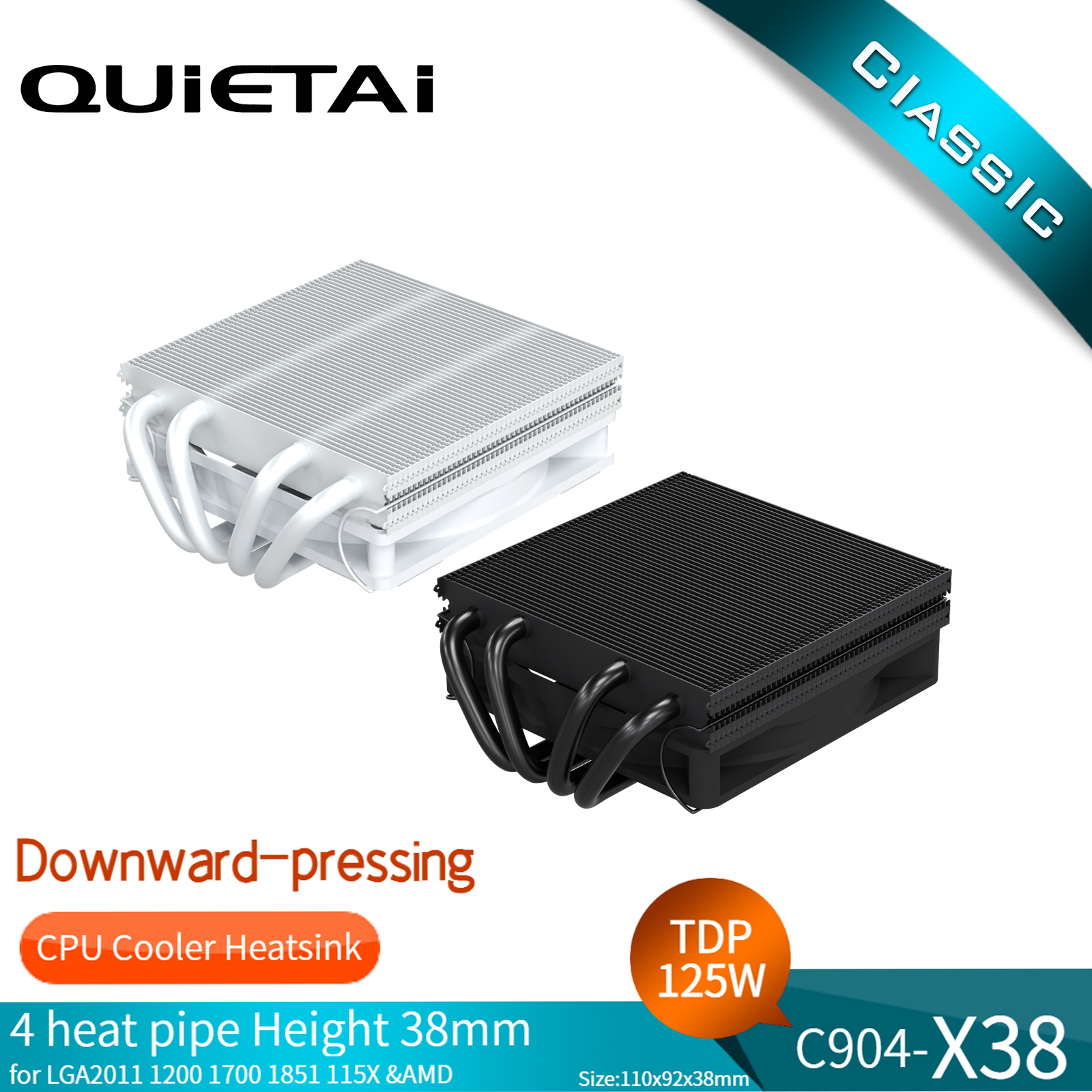 QUIETAI C904-x38 CPU làm mát ITX, 4 ống dẫn nhiệt, thiết kế mỏng, tương thích AMD/Intel/x99/LGA1700/