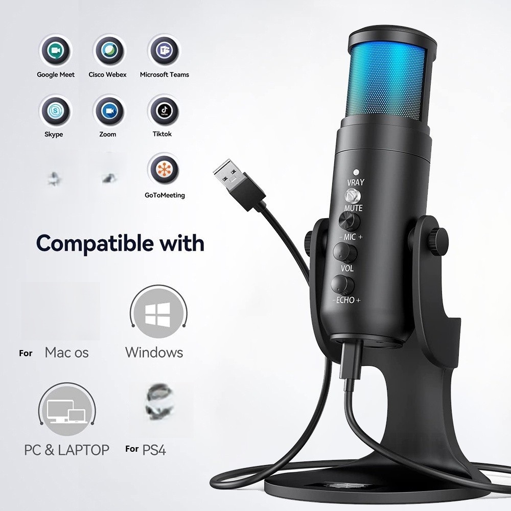 Mic Condenser USB RGB Để Bàn Chân Mic Cắm-Chơi Cho PC Gaming Podcast Pro