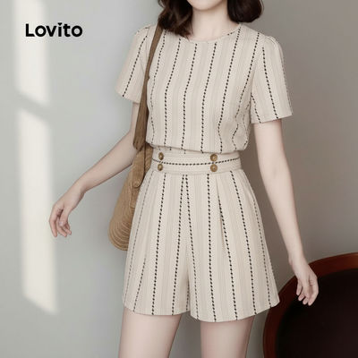 Lovito Phong cách thường ngày Bộ quần short nữ mùa xuân hè họa tiết khuy bấm màu kaki phong cách L171ED408