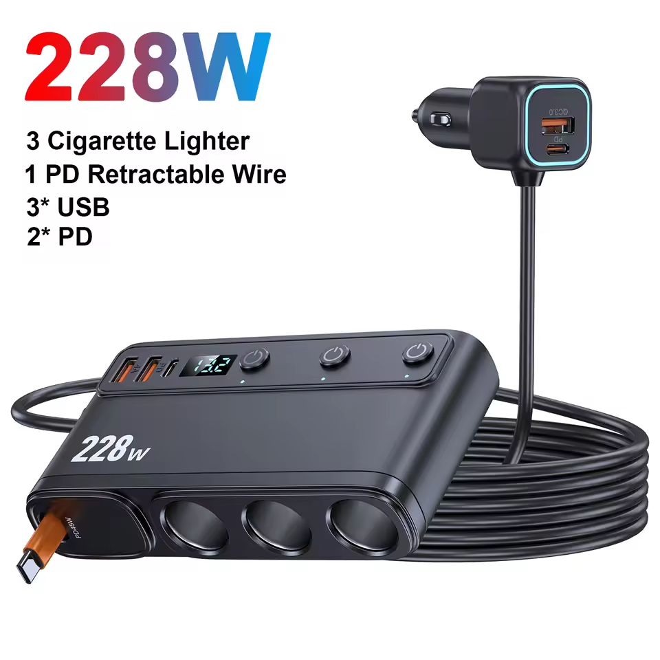 Bộ sạc ô tô 228W 9 trong 1 3 cổng chia 12V 24V phích cắm nhanh cho iPhone GPS Dashcam