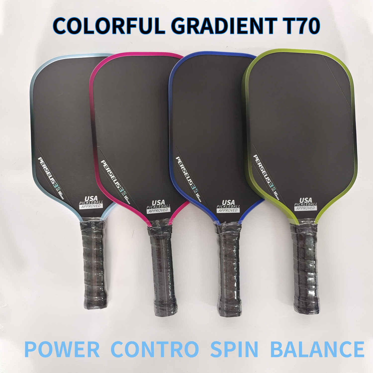 Vợt Pickleball Carbon Fiber T700 Xanh Gradient kèm Bao, Nhẹ cho Kiểm soát Lực