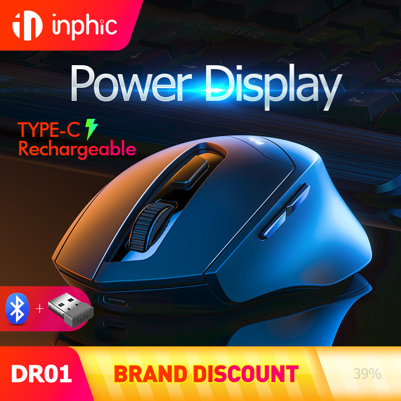 Chuột không dây Inphic DR01, sạc lại, im lặng, hiển thị pin, dành cho văn phòng và PC gaming