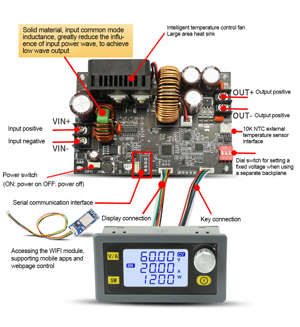 One Piece XY-6020L Bộ nguồn DC có thể điều chỉnh CNC, 20A 1200W Điện áp không đổi & Mô-đun bước xuốn