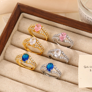  Một chiếc nhẫn đôi đường ray có thể điều chỉnh được mạ vàng đồng, đính đá zircon hình oval nhiều màu, phong cách thời trang nhẹ nhàng sang trọng, quà tặng Ngày lễ Tình nhân, phụ kiện nữ