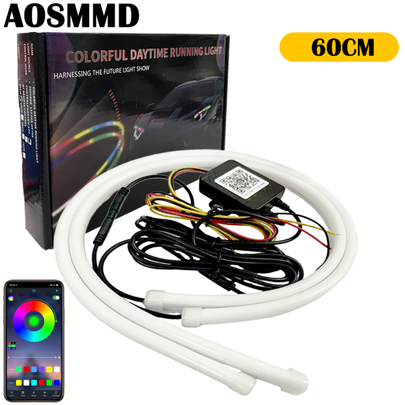 AOSMMD Xe DRL LED Đèn chạy ban ngày Điều khiển ứng dụng RGB Flowing Turn Signal Strip Đèn