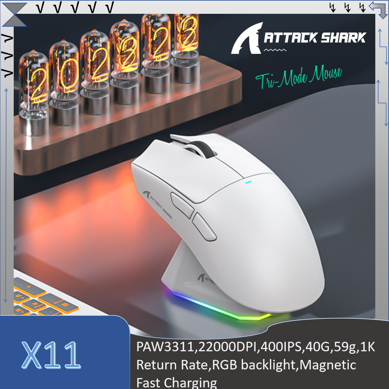 Chuột chơi game nhẹ ba chế độ SHARK ATTACK X11, PAW3311, 22000DPI, 400IPS, 40G, 59g, Tốc độ phản hồi