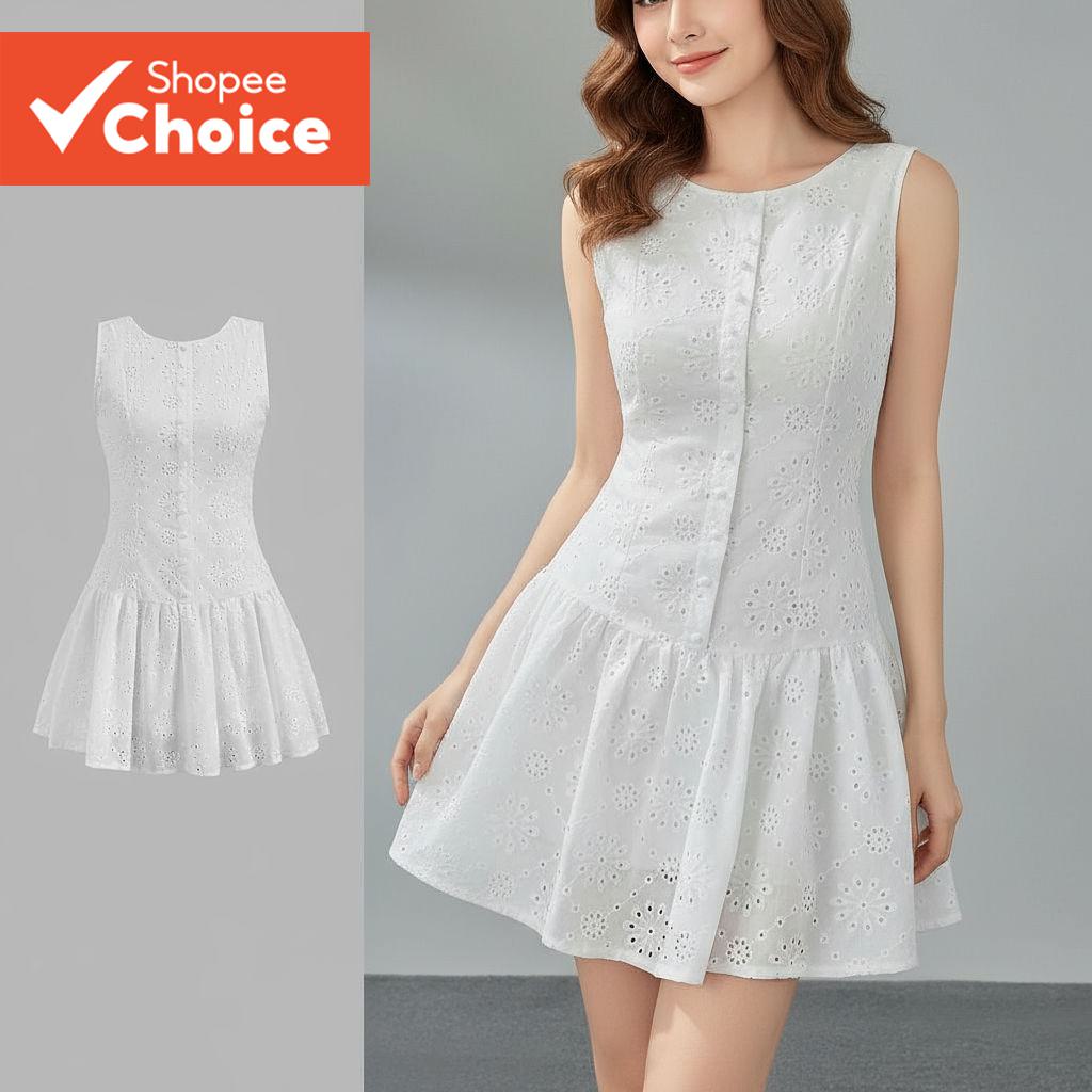 Đầm nữ Lovito vải cotton thêu họa tiết trơn LR2ED078