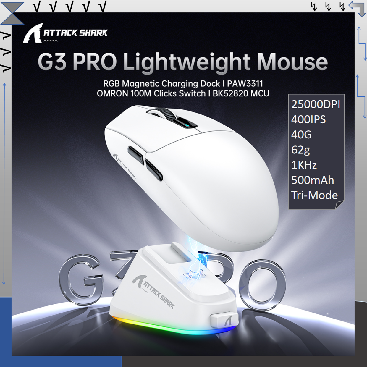 Chuột gaming Attack Shark G3 Pro 62g 3 chế độ PAW3311 RGB, dock sạc từ tính, 25000DPI