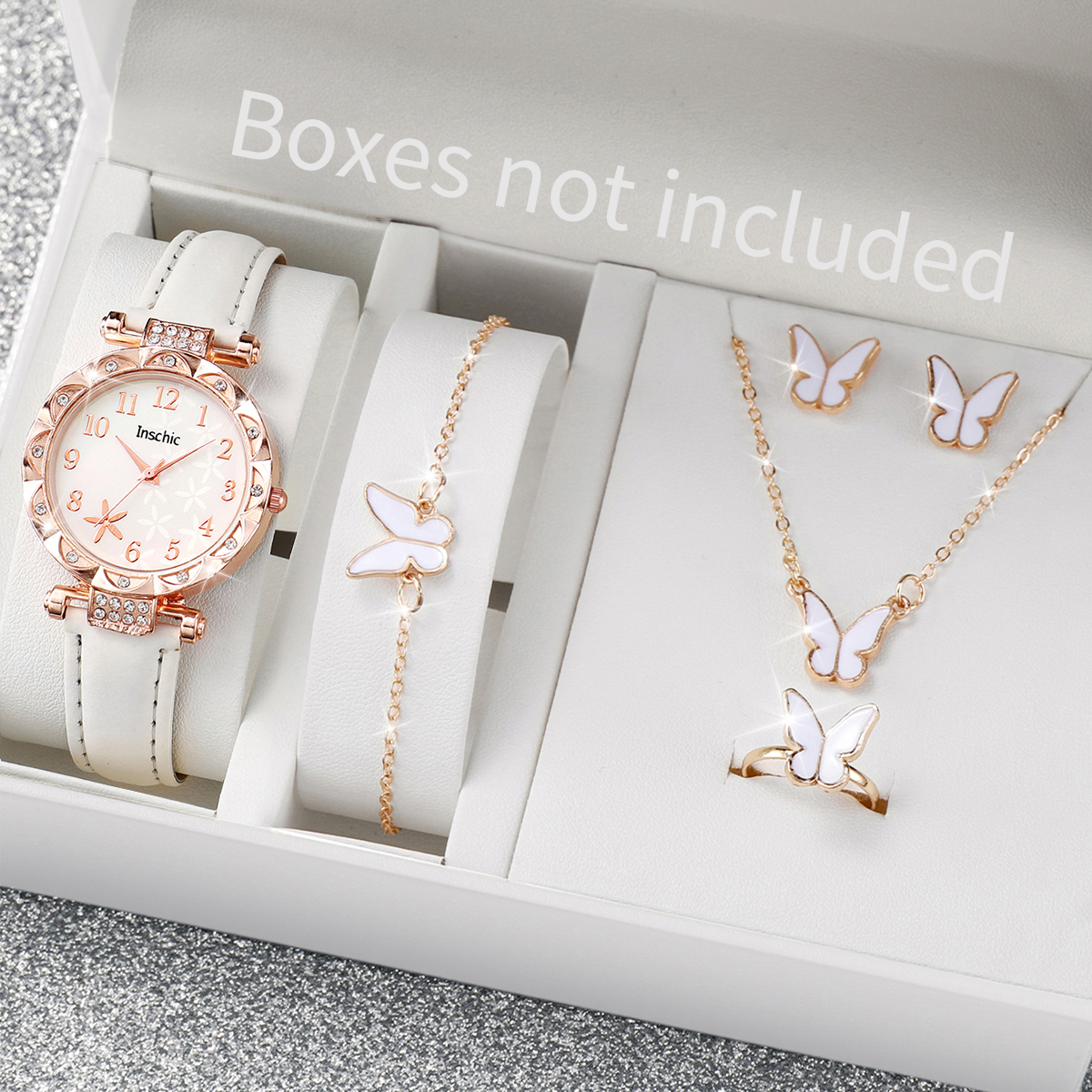 Bộ 6 Hoa Thời Trang Mặt Số Nữ Thạch Anh Đồng Hồ Da Thường Ngày Bướm Bộ Trang Sức Không Có Hộp