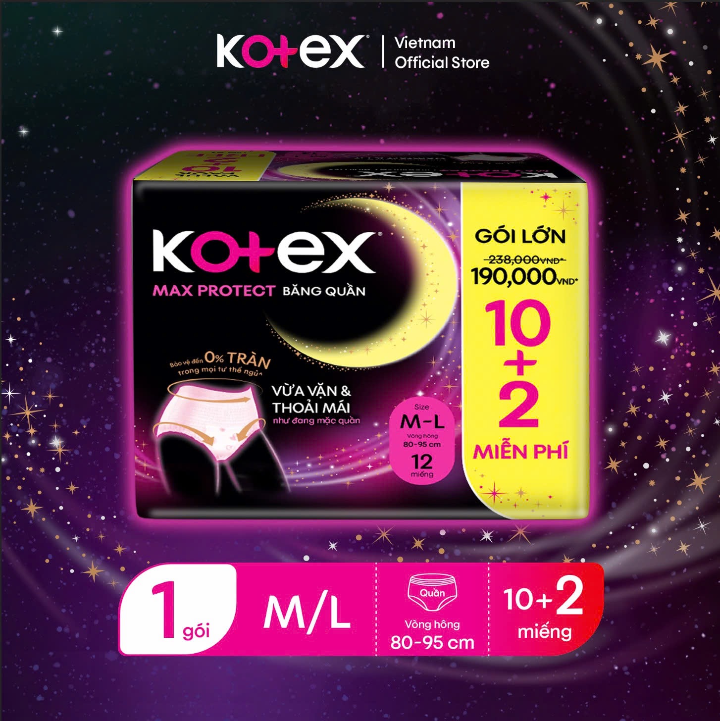Băng Vệ Sinh Dạng Quần Kotex Ban Đêm Cỡ M/L (10+2) Miếng/Gói