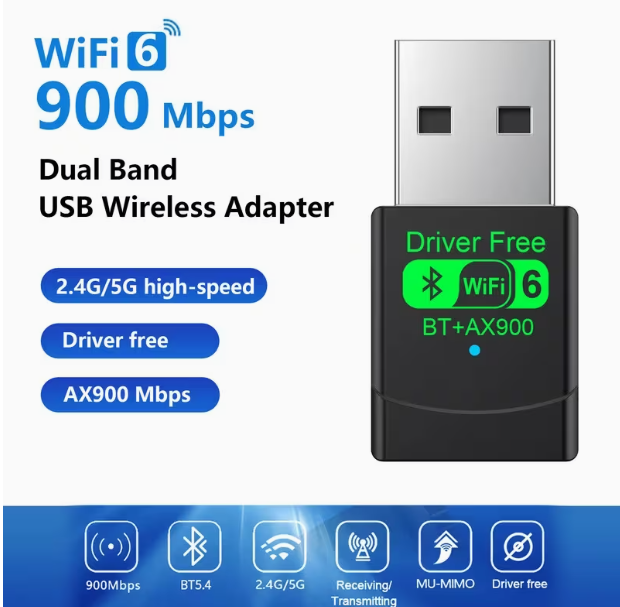 Bộ chuyển đổi không dây AX900 USB Wifi Bluetooth 5.4 2 trong 1, dongle 2 băng tần 2.4G 5GHz, USB Wif