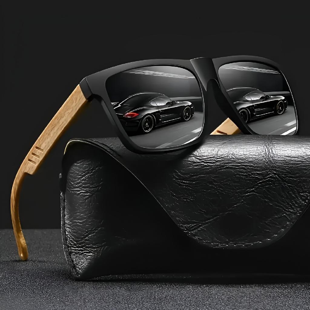 Kính mát nam gọng vuông cổ điển, chân gọng vân gỗ, chống tia UV400