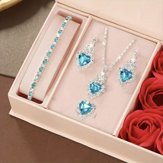 Bộ Trang Sức Trái Tim Cho Nữ Full Kim Cương Giả Vòng Cổ Bông Tai Vòng Tay Cubic Zirconia Quà Tặng