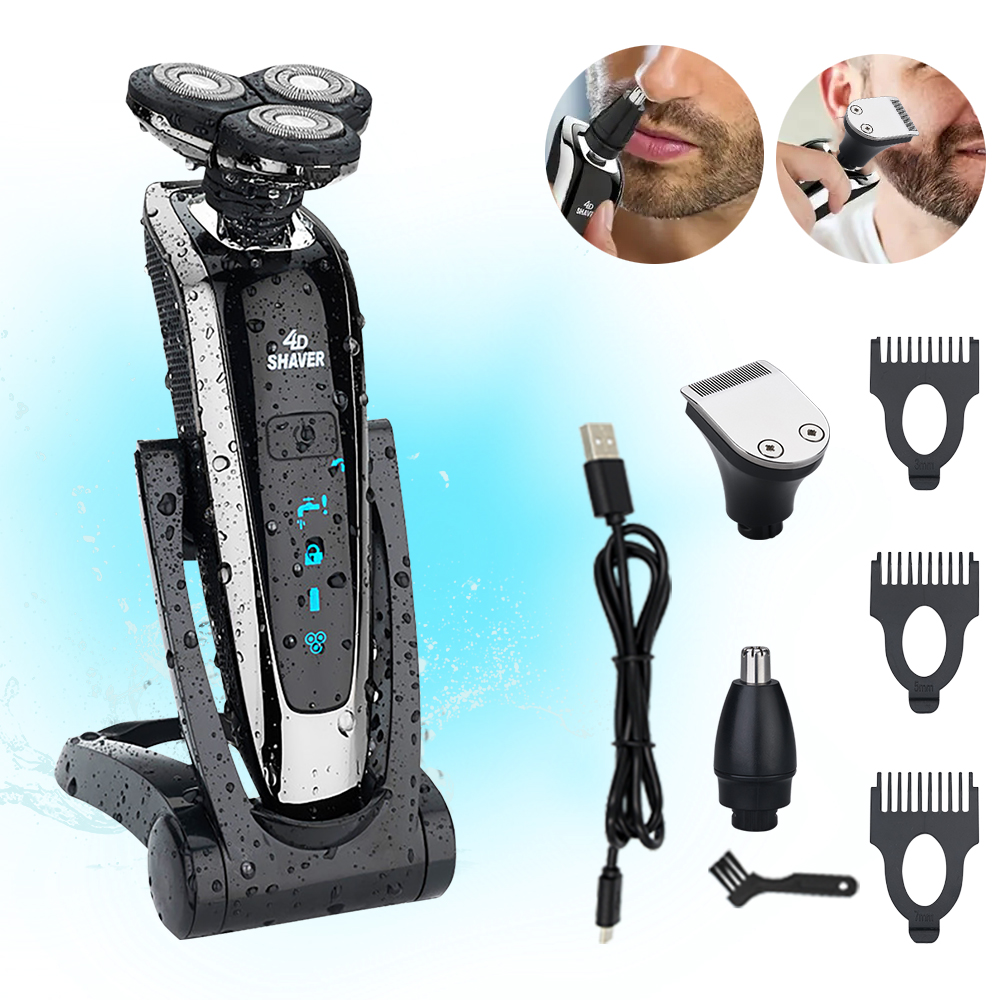  Máy cạo râu nam sạc lại 100% chống nước - Có tông đơ cắt mũi & tỉa mai, kèm đế đứng, dụng cụ cạo râu