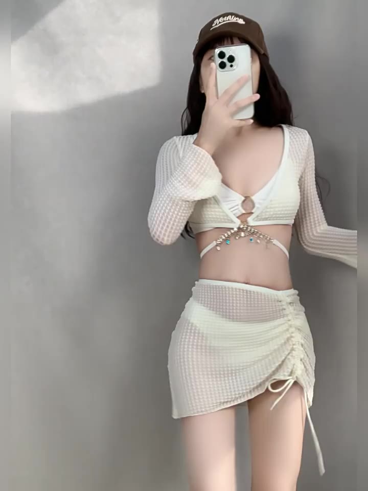 Bộ Đồ Bơi bikini Bốn Mảnh Áo Tay Dài + Chân Váy Ngắn Xẻ Tà Màu Trơn Quyến Rũ Cho Nữ | BigBuy360 - bigbuy360.vn
