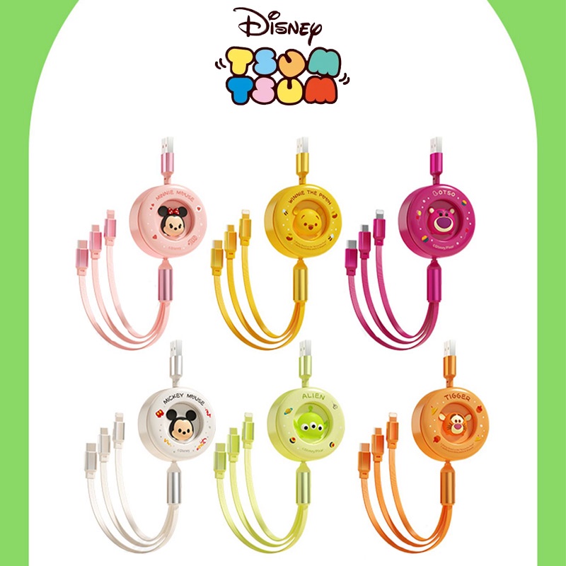 DISNEY Cáp Sạc Nhanh 6A 3 Trong 1 Cổng Micro USB Type-c 66W Hình Bánh Donut Winnie The Pooh Mickey Minnie Người Ngoài Hành Tinh Lotso