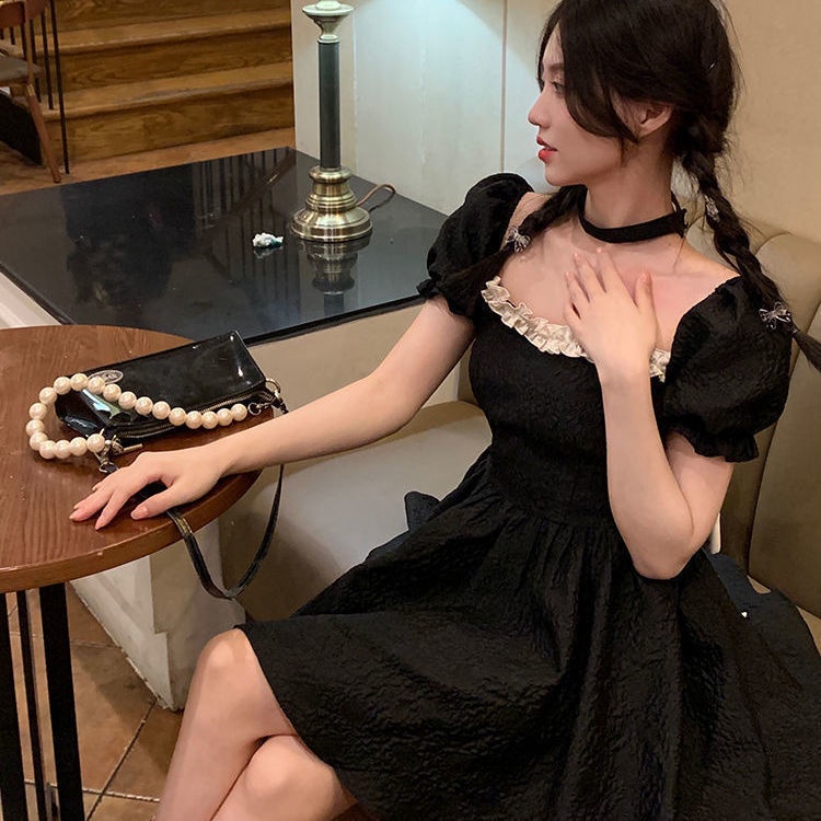 Váy babydoll đâm babydoll đâm du tiec Đầm Chữ a Tay Ngắn Phồng Thắt Nơ Nhỏ Phong Cách Pháp Ngọt Ngào Thời Trang Mùa Hè Mới Dành Cho Bạn Nữ